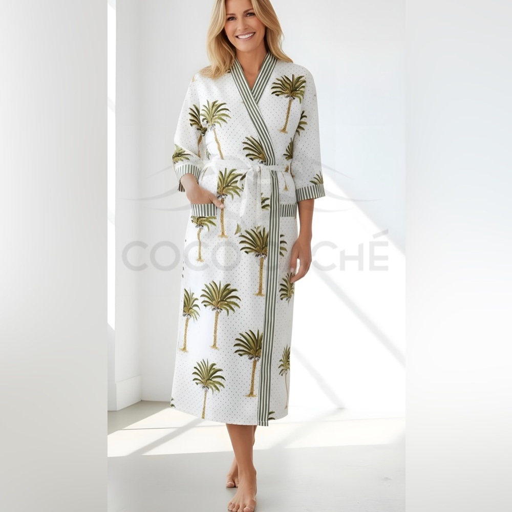 Paradise Palm Beach Cotton Tropical Print Long Kimono Kaftan Swimsuit Coverup